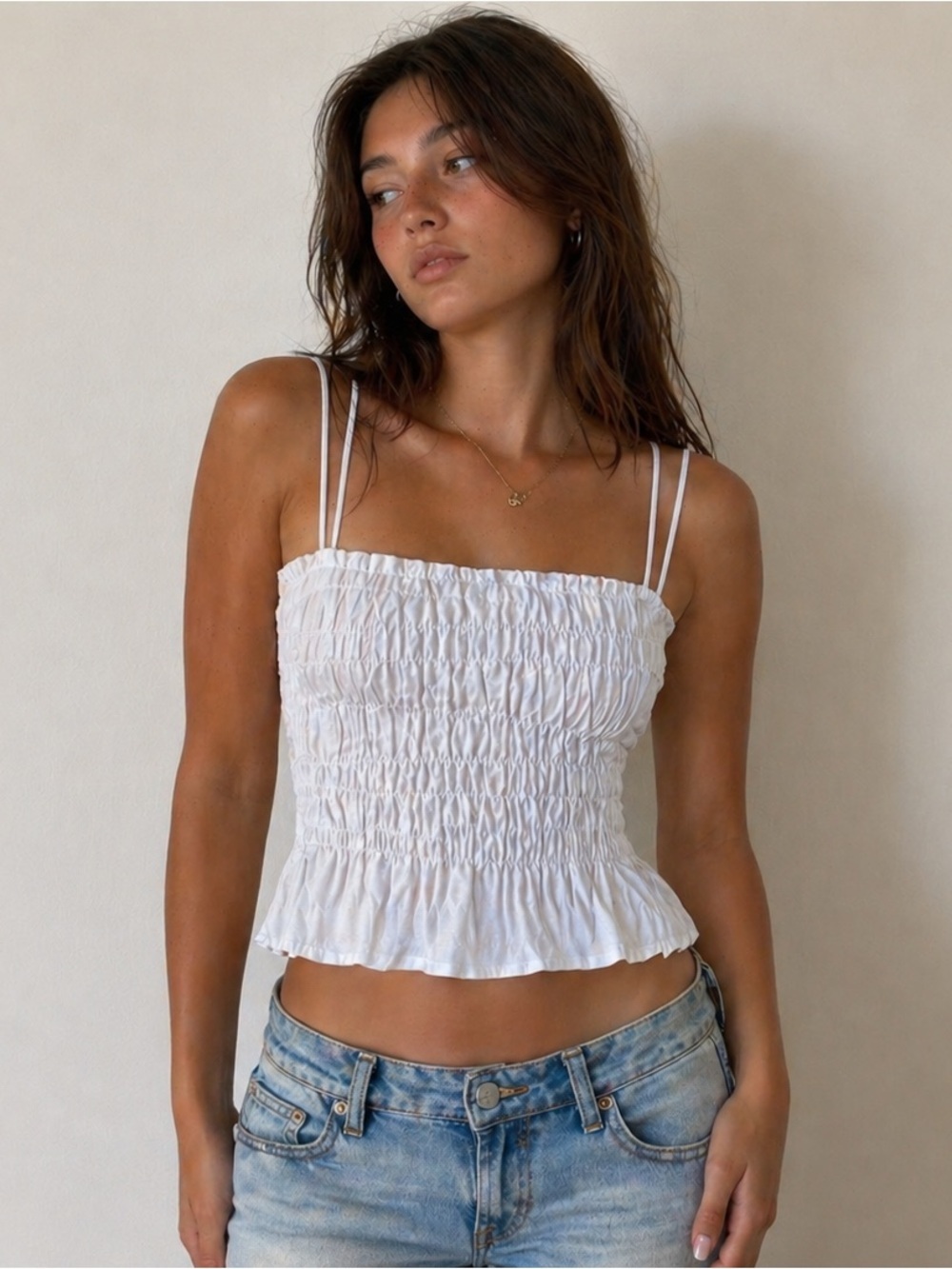 Divided White Smocked Ruffle Hem Cami Top Crop Stretchy Tank with Bow Strap- M